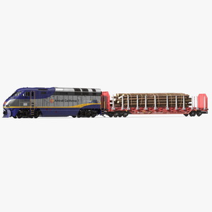 3D Diesel Electric Locomotive with Stake Wagon with Logs model