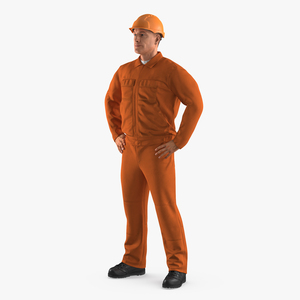 Factory Worker Orange Overalls with Hardhat Standing Pose 3D