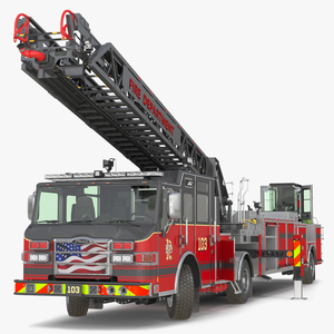 Velocity Ascendant Heavy Duty Black Fire Truck with Tiller Aerial Ladder Rigged 3D model