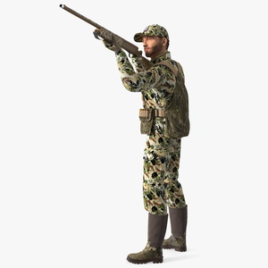 Shooting Hunter Man with Gun in Forest Camo Fur 3D