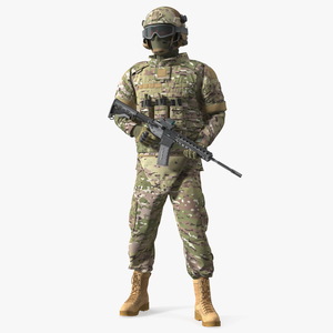 3D Soldier in Green Tactical Gear with Goggles Standing Fur