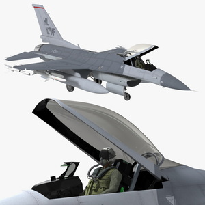 Fighter F-16 with Pilot and Missile Launcher LAU-129 Rigged 3D model