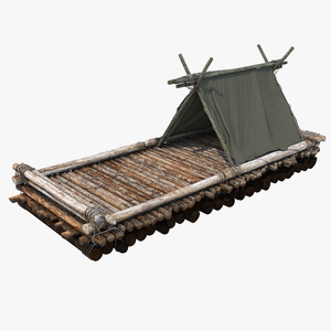 Wooden Log Raft with Hut 3D model