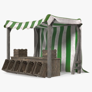 Wooden Market Stall with Striped Awning 3D model