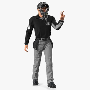 3D Baseball Umpire with Protective Mask and Cap Showing Points Pose Fur model