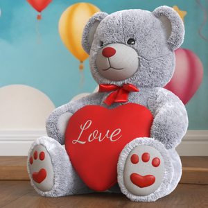 Plush Teddy Bear Grey Holding Heart Fur 3D model