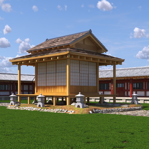 3D model Traditional Japanese Tea House with Stone Lanterns