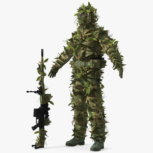 Sniper in Leaf Ghillie Suit T-pose 3D model