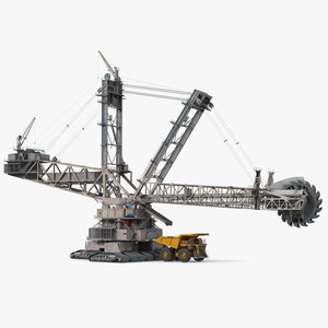 3D Mining Multi Bucket Wheel Excavator with Heavy Duty Dump Truck Liebherr Rigged model