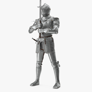 3D model Polished Medieval Knight Plate Armor holding Zweihander