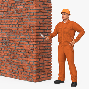 3D model Old Brick Red Wall With Worker