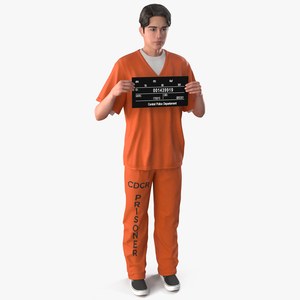 Asian Male Prisoner with Mugshot Sign 3D