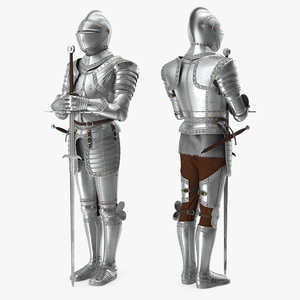 Polished Knight Plate Armor standing with Zweihander 3D