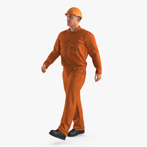 Worker Orange Uniform with Hardhat Walking Pose 3D