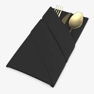 3D Napkin Fold Black with Gold Flatware