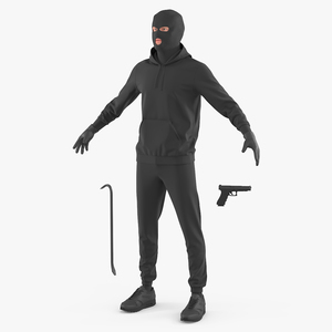 3D Male Thief Character with Crowbar in Mask