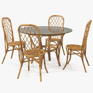 3D Bamboo Dining Table Glass Top with Chairs