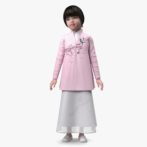 3D Little Chinese Girl in Traditional Clothes Standing