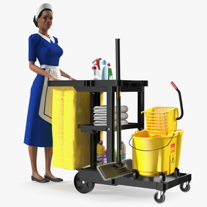 Black Maid With Multi Shelf Cleaning Cart Rigged Fur 3D