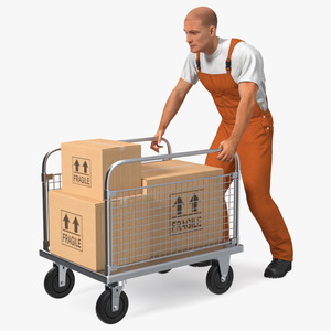 3D Worker with Platform Trolley Two Railing Cardboard Boxes Rigged Fur for Modo