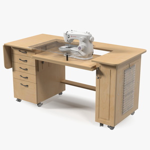 Sewing Machine Singer with Horn Table Cabinet Rigged 3D