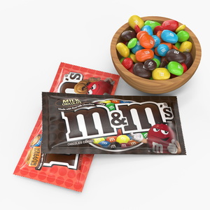 3D Various M and Ms Candies in Bowl with Packages