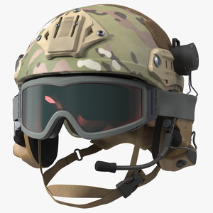 3D Tactical Gear Helmet Green Camo with Goggles Fur model