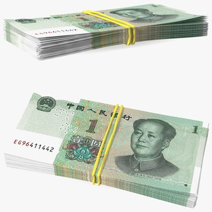 3D Stack of Chinese 1 Yuan 2019 Bills with Rubber Band