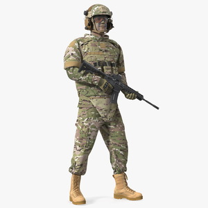 Soldier in Green Tactical Gear with Rifle Standing Fur 3D model