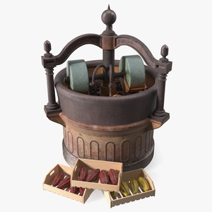 Antique Cocoa Grinder with Cacao Fruits and Beans 3D model