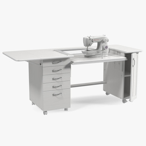 3D Singer Sewing Machine on White Table Cabinet Rigged