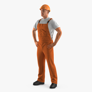 Worker In Orange Overalls with Hardhat Standing Pose 3D