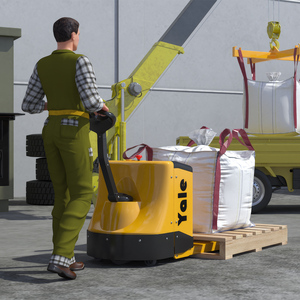 3D model Warehouse Worker with Electric Pallet Jack and Bulk Bag on Pallet