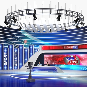 3D TV News Studio with Camera and Presenters Rigged model