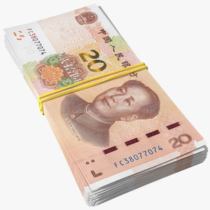 Stack of Chinese 20 Yuan 2019 Bills with Rubber Band 3D