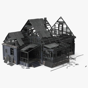 3D Burnt Wooden Down House Blue model