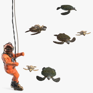 Vintage Deep Sea Diver Suit and Turtles 3D model