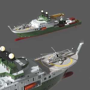 3D Research Vessel with Helicopter and Containers