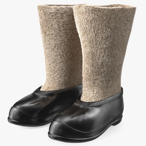 3D Traditional Felt Boots with Galoshes Black Fur