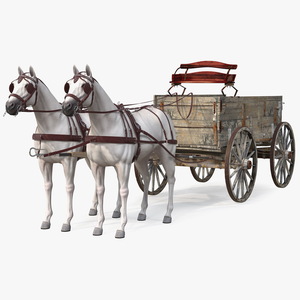 3D Pair Of White Horses with Wagon