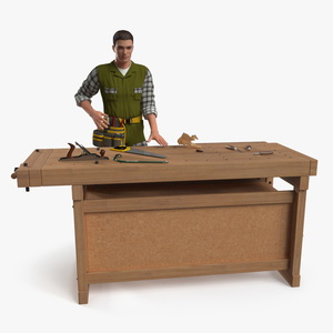 Carpenter Working at Woodworking Bench with Tools 3D model