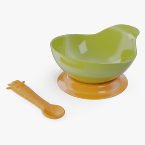 3D model Lime Green and Orange Silicone Baby Bowl and Spoon