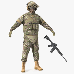 3D model Military Soldier Green Camo with Night Visor A-pose Fur
