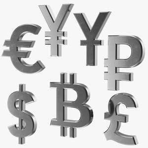 Currency Symbols Silver Set 3D