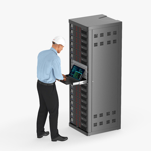 3D model Server Rack with System Administrator Working on Laptop