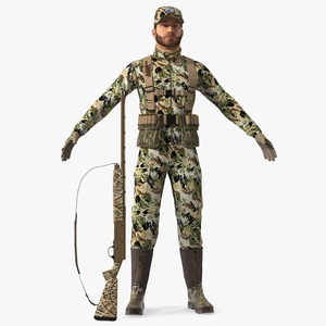 3D Duck Hunter With Gun A-pose in Forest Camo Fur