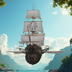 3D Flying Sailing Ship with Pirate and Treasure Chests