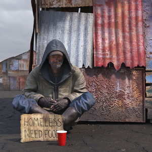 Dual Roof Slum Shack and Homeless Man 3D