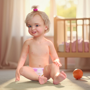 3D Baby Girl Wearing Diaper Sitting Fur