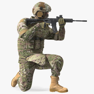 3D Army Soldier in Green Camo with Rifle Aiming Fur model